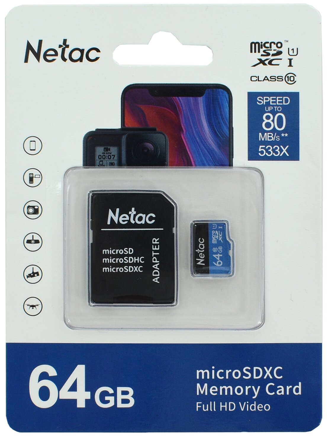 Карта памяти MicroSD 64 Гб / SD карта Netac P500 64Gb Standard Class 10 UHS I 90 Mb/s с адаптером NT02P500STN-064G-R Карта памяти микро СД для телефона, видеорегистратора, видеокамеры, фотоаппарата, ноутбука