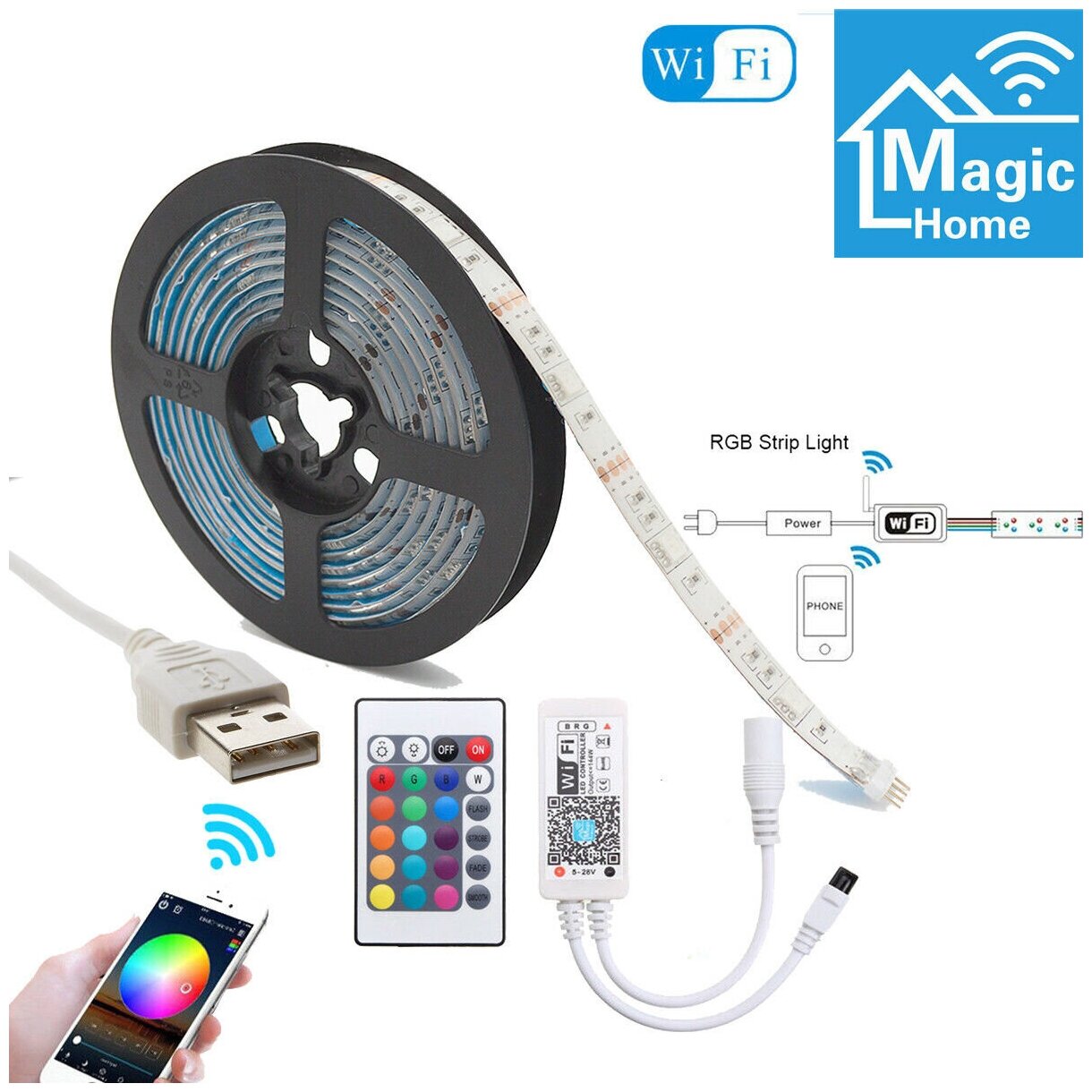 Комплект для светодиодной подсветки OG-LDL18, RGB, 1метр, (SMD5050, WI-FI,USB, управление со смартфона и пульта ДУ), интеграция с системами "Умный дом" - фотография № 1