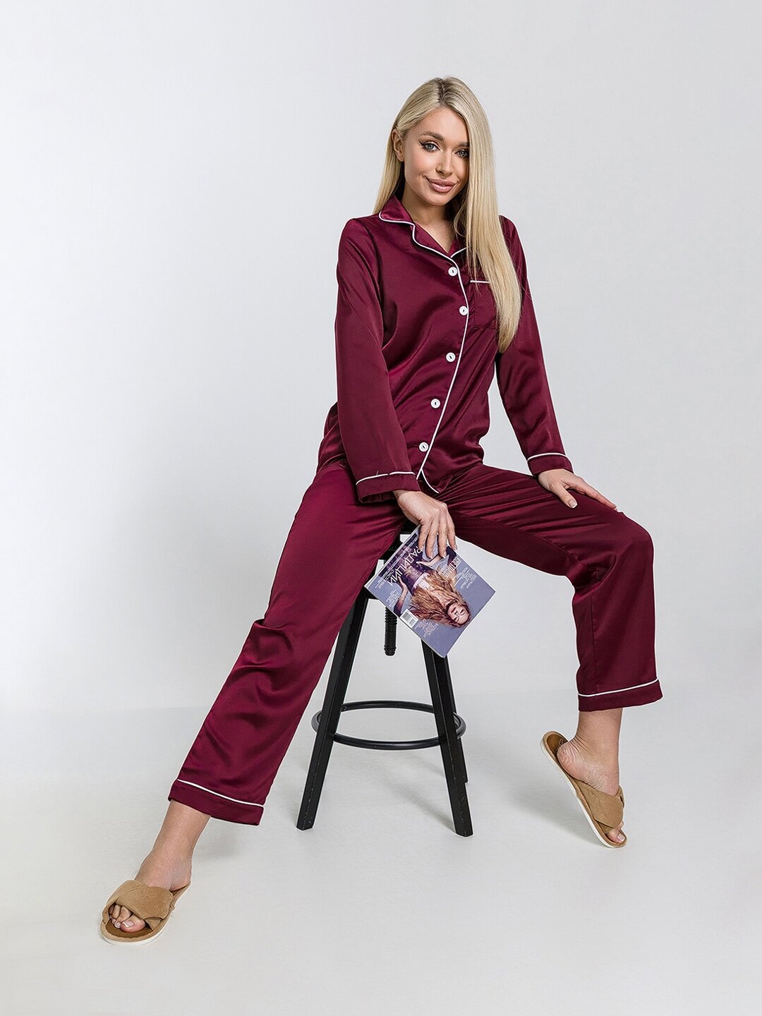 Шелковая пижама женская HappyFox, HFSL2527 размер 50, цвет бордо - фотография № 3
