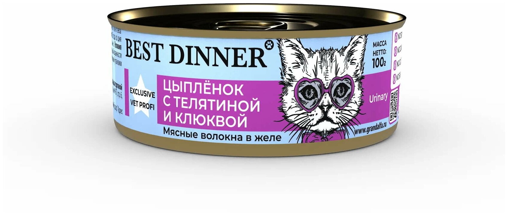 Консервы Best Dinner Exclusive для взрослых кошек стерилизованных/кастрированных, профилактика МКБ с цыпленком, телятиной и клюквой 100г 7562