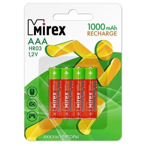 Аккумулятор Ni-Mh 1000 мА·ч 1.2 В Mirex Rechargeable AAA, в упаковке: 4 шт. аккумулятор ni mh 1000 ма·ч gp rechargeable 1000 series aaa зарядное устройство usb cpb адаптер 1a в упаковке 4 шт