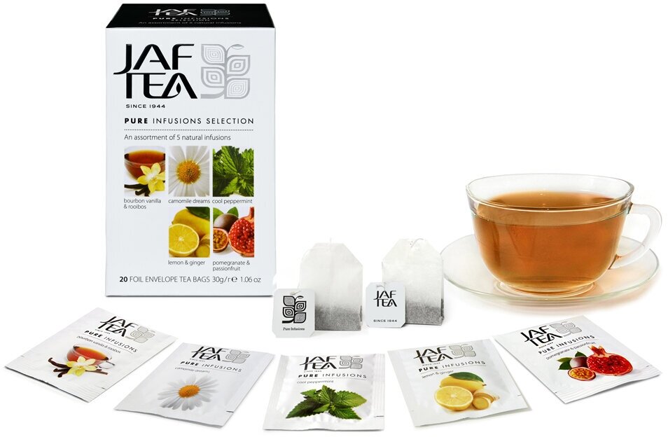 Чай без кофеина JAF TEA Pure Infusions Selections 20 пакетиков в конвертиках, Ассорти 5 видов, напитки без кофеина - фотография № 2