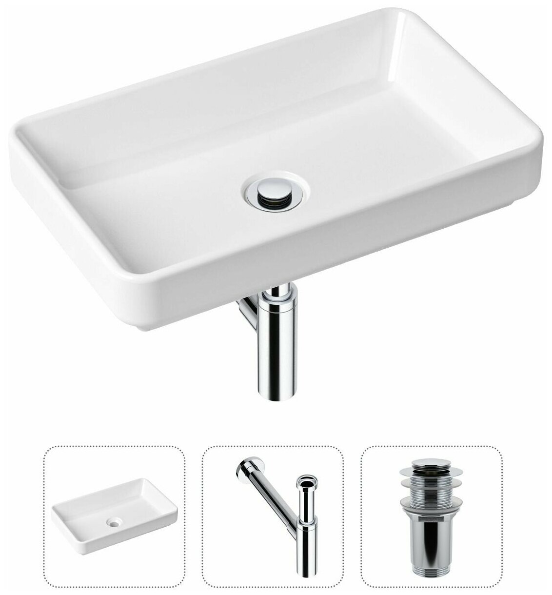 Накладная раковина в ванную Lavinia Boho Bathroom Sink Slim 21520143 в комплекте 3 в 1: умывальник белый, донный клапан и сифон в цвете хром