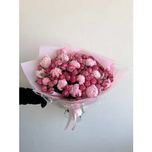 Букет Пионы розовые, пионовидные кустовые розовые розы, красивый букет цветов, пионов, шикарный, цветы премиум, роза.