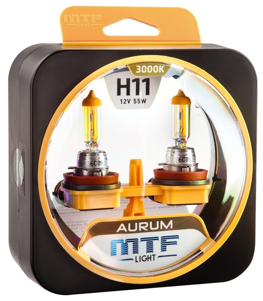 Комплект галогенных ламп MTF Light H11 Aurum 3000K со специальным покрытием излучают золотисто-желтый свет. (2шт.)
