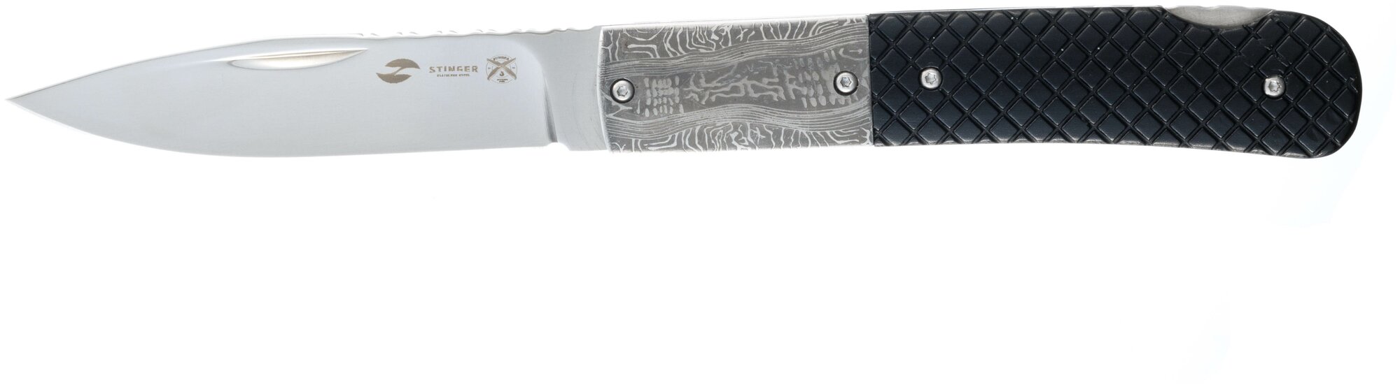 Нож складной STINGER с клипом, клинок 100 мм, рукоять из нержавеющей стали и алюминия чёрно-серебристого цвета, в нейлоновом чехле FB3021