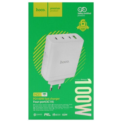 Сетевое зарядное устройство СЗУ Hoco 100W N30, белый ank сзу pport atom iv 100w a2041 wt