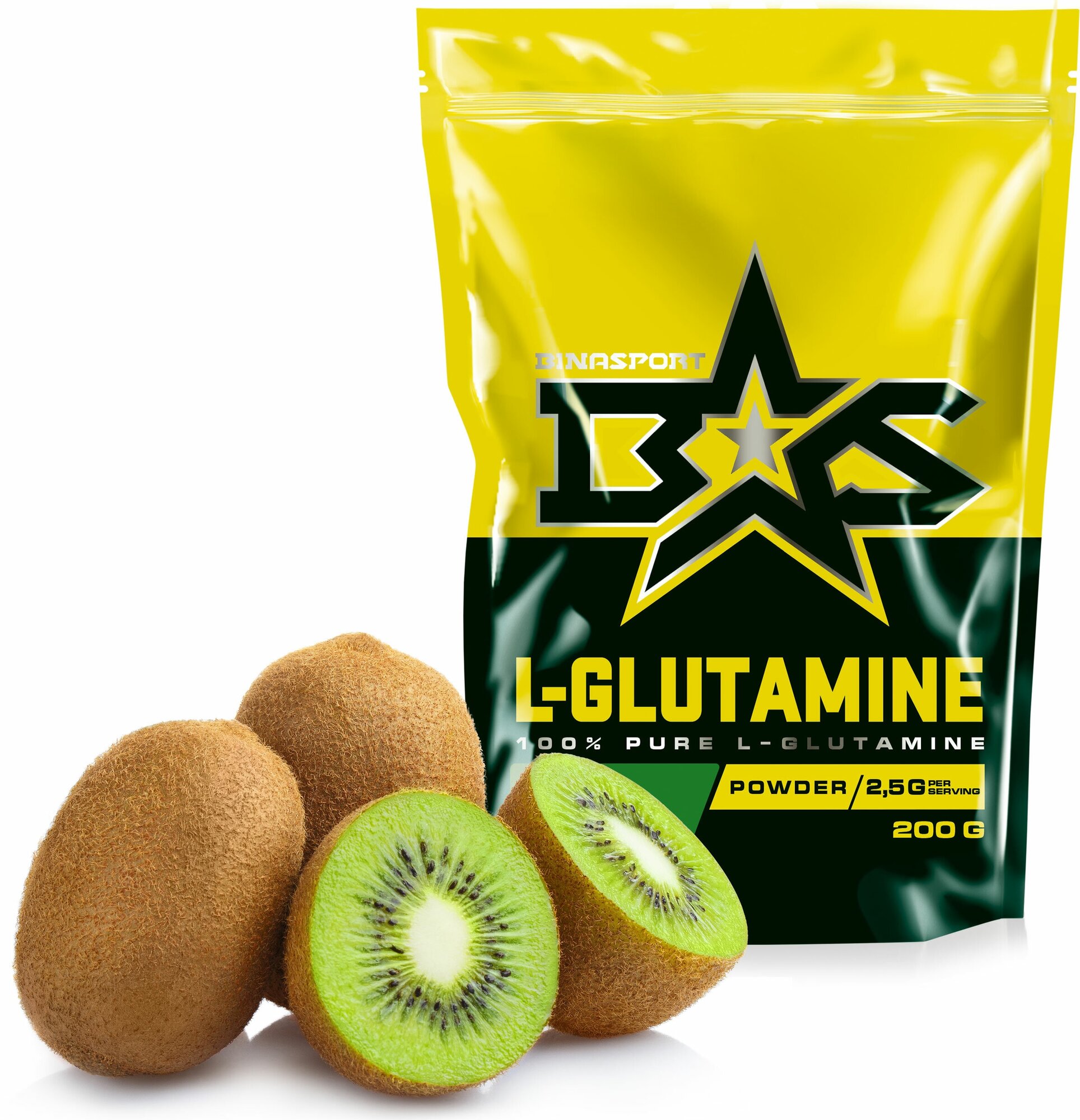 Л-Глутамин порошок Binasport "L-GLUTAMINE" (Глютамин) 200 г со вкусом киви
