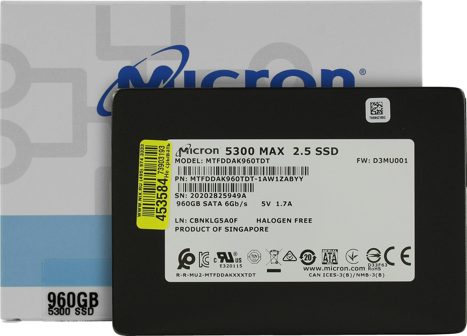 Micron 5300MAX 960GB SATA 2.5" 3D TLC R540/W520MB/s MTTF 3М 95000/75000 IOPS 8760TBW SSD Enterprise Solid State Drive, 1 year, OEM