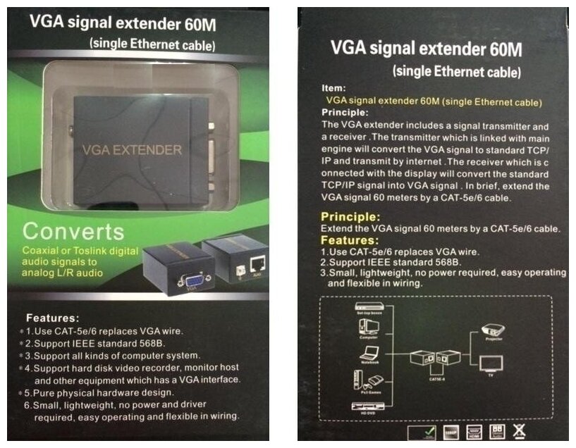 Комплект удлинители VGA видеосигнала 60 метров по Cat5 (передатчик+приемник))