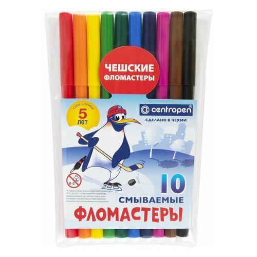 Фломастеры 10 цветов CENTROPEN Пингвины смываемые вентилируемый колпачок 7790/10ET, 5 шт