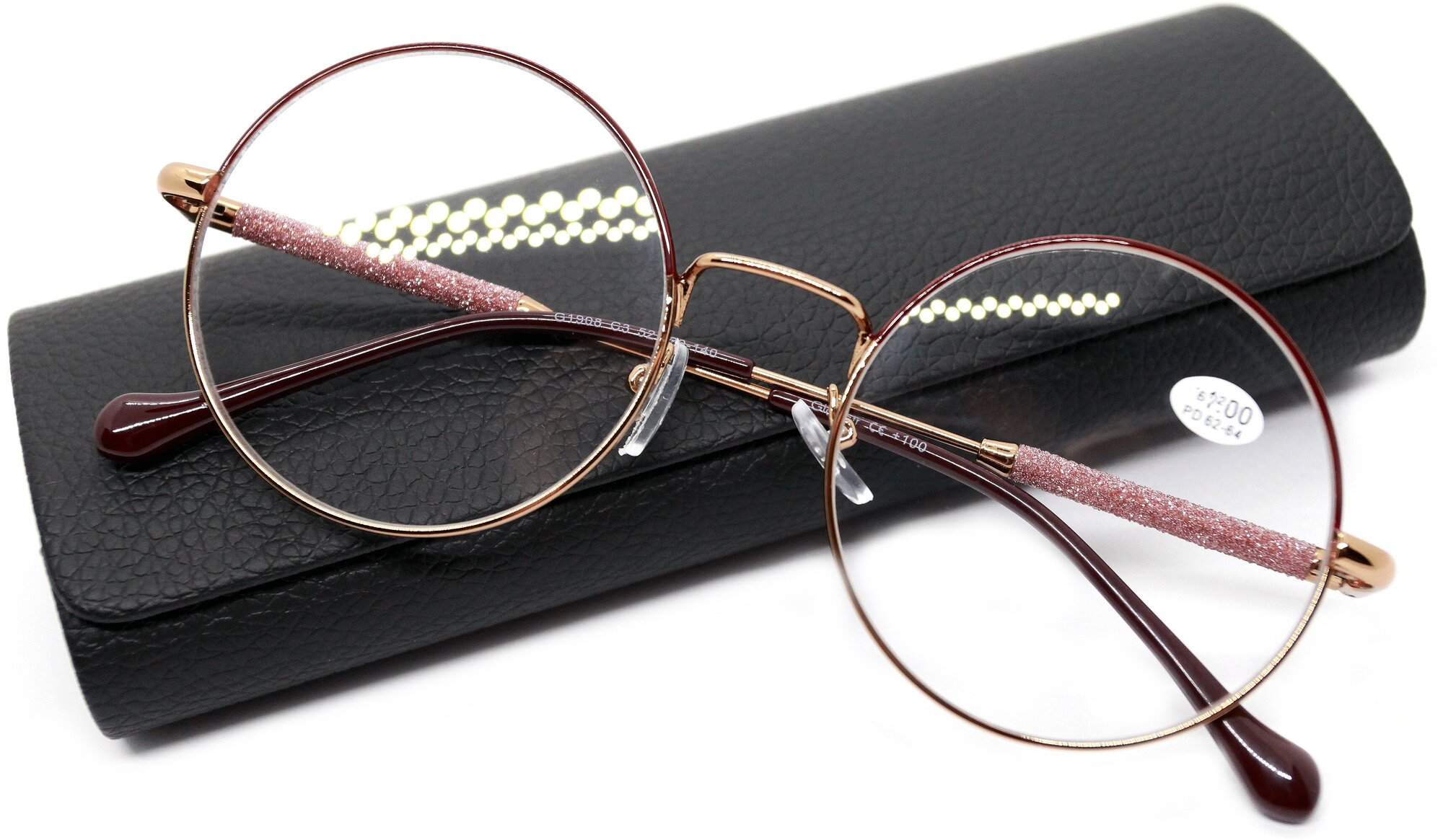 Готовые очки для зрения женские круглые (+4.00) GLODIATR 1908-C3, с футляромцвет бордовый, РЦ 62-64