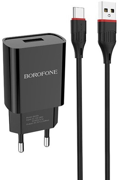 Зарядное устройство Borofone BA20A Sharp 1xUSB 2.1А + кабель Type-C Black 6931474702142