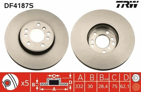 Диск тормозной передний для bmw x5 e53, x3 e83 DF4187S Trw DF4187S