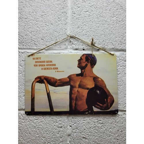 Нет на свете прекрасней одёжи, чем бронза мускулов и свежесть кожи. Идеология советский постер на жести 20 на 30 см. шнур-подвес в подарок