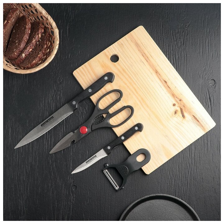 Набор кухонный, 5 предметов: ножи 9,2 см, 15,2 см, овощечистка, ножницы, доска, цвет черный