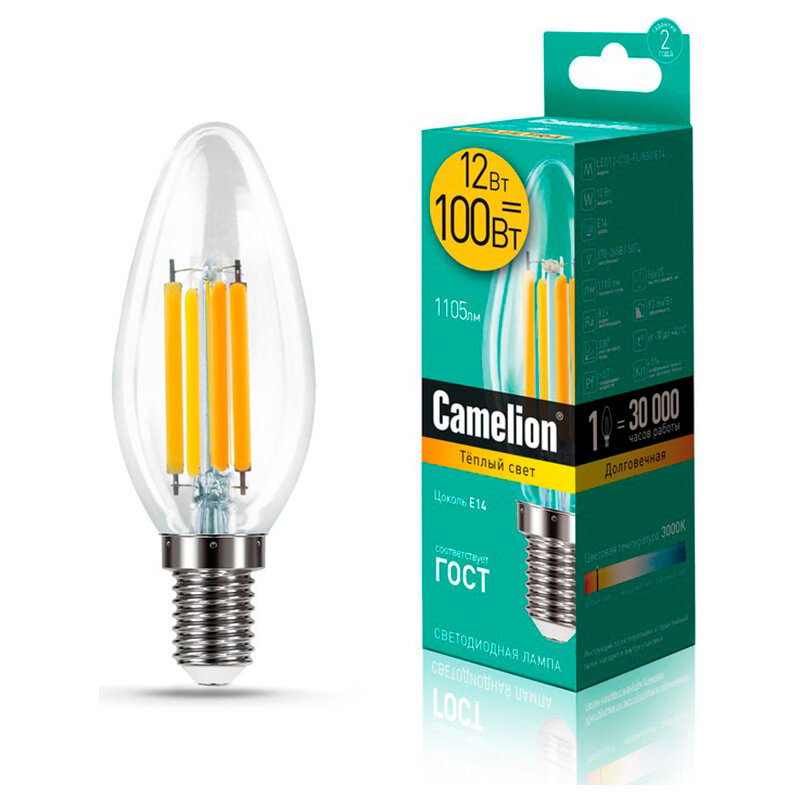 фото Лампа CAMELION Е14 12Вт 3000K 1105Лм LED12-C35-FL/830/E14 светодиодная филаментная 13708 теплый белый, свеча