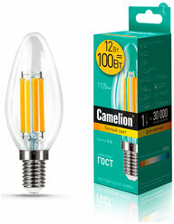 Лампа CAMELION Е14 12Вт 3000K 1105Лм LED12-C35-FL/830/E14 светодиодная филаментная 13708 теплый белый, свеча