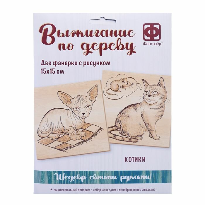 Основы для выжигания Фантазер "Котики", 2 фанеры с рисунком, 15х15 см (364103)