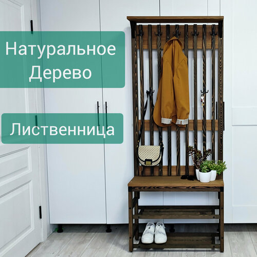 фото Прихожая деревянная с обувницей из массива сибирской лиственницы, цвет черный / орех, минимализм 185х76х32 tumba