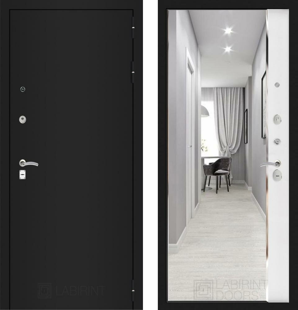 фото Входная дверь Labirint Classic "Шагрень черная" с зеркалом Панорама 960x2050, открывание правое