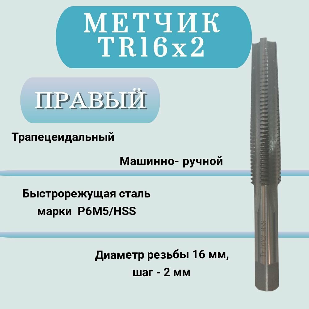 Метчик машинно-ручной трапецеидальный TR16 шаг 2 мм (TR16x2), правый, 1 шт