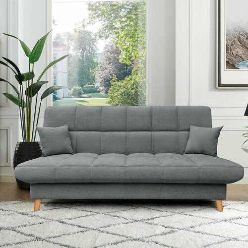 Стоун-прямой раскладной диван кровать(серый)со спальным местом с подушками с ящиком для хранения, без подлокотников, механизм клик-кляк, 200х93х99 см