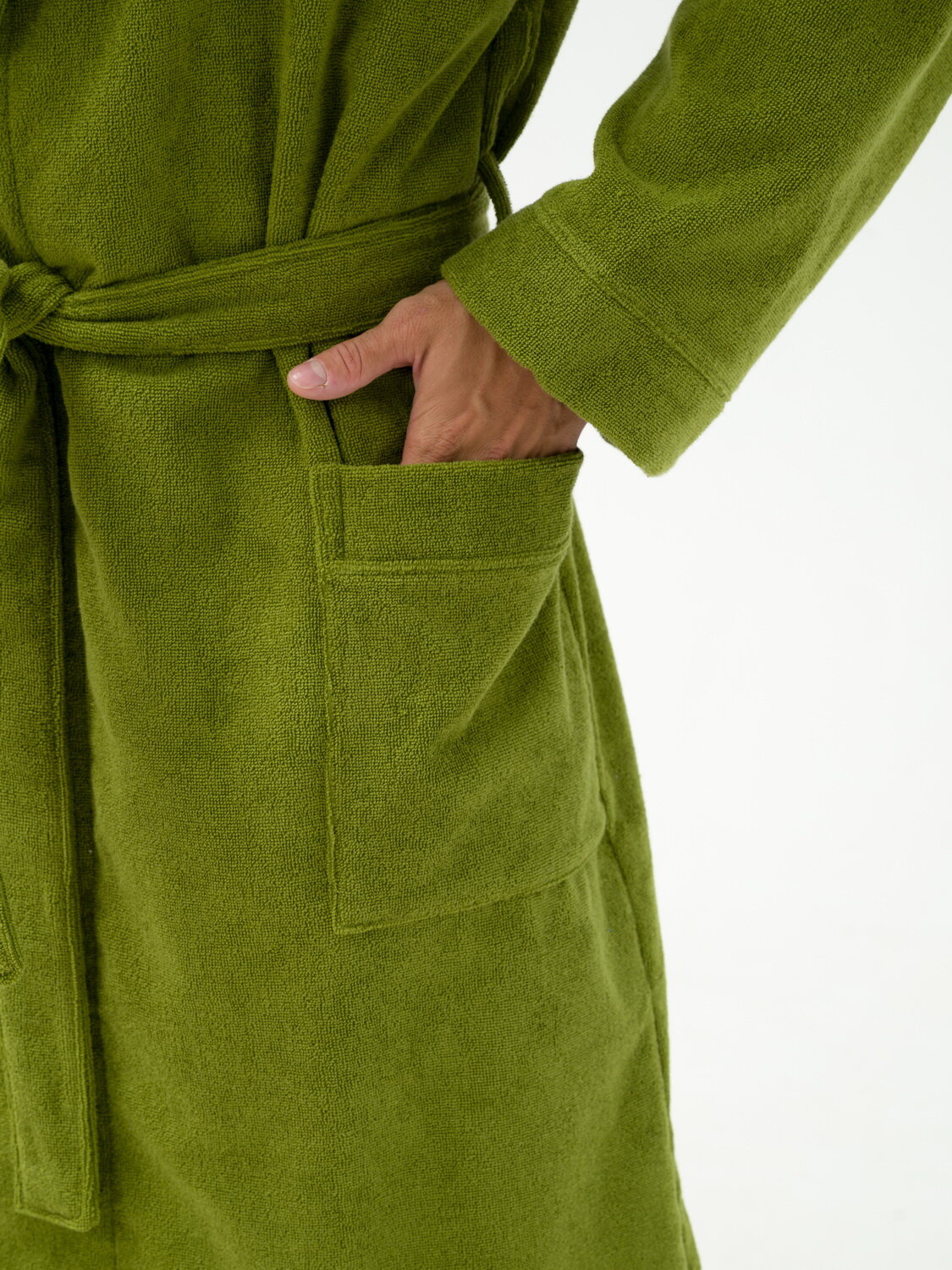 Мужской махровый халат с капюшоном, хаки - фотография № 12