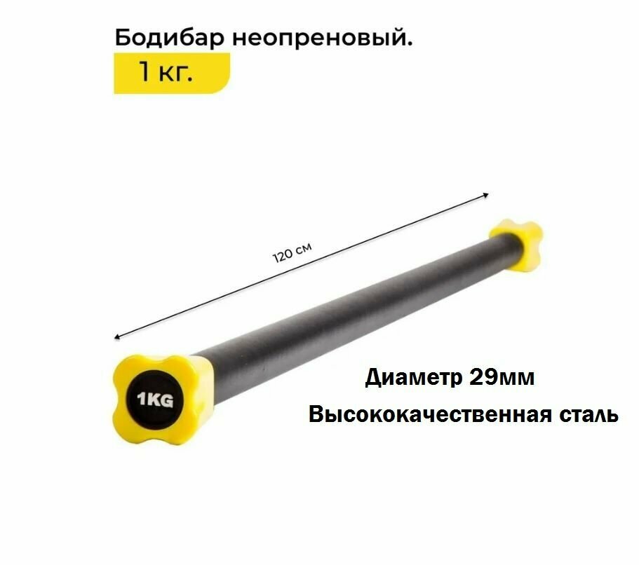 Штанга для аэробики, Бодибар, для фитнеса, для занятий спортом, дома и в зале, длина 1200 мм, мягкий неопрен PROFI-FIT, 1 кг