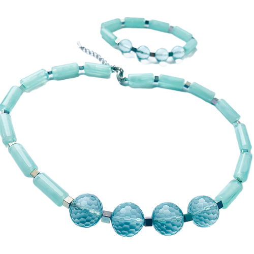 фото Комплект бижутерии: браслет, колье, гематит, аквамарин, размер браслета 18 см, размер колье/цепочки 45 см, голубой, серебряный my lollipop