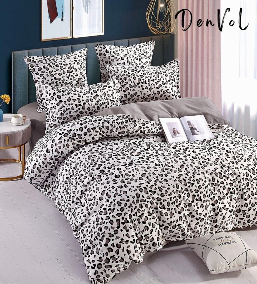Комплект постельного белья Denvol 1.5 спальный-Сатин пододеяльник 150х215 на молнии, простыня на резинке 90х200(+25), 2 наволочки 70х70, белый, серый, черный