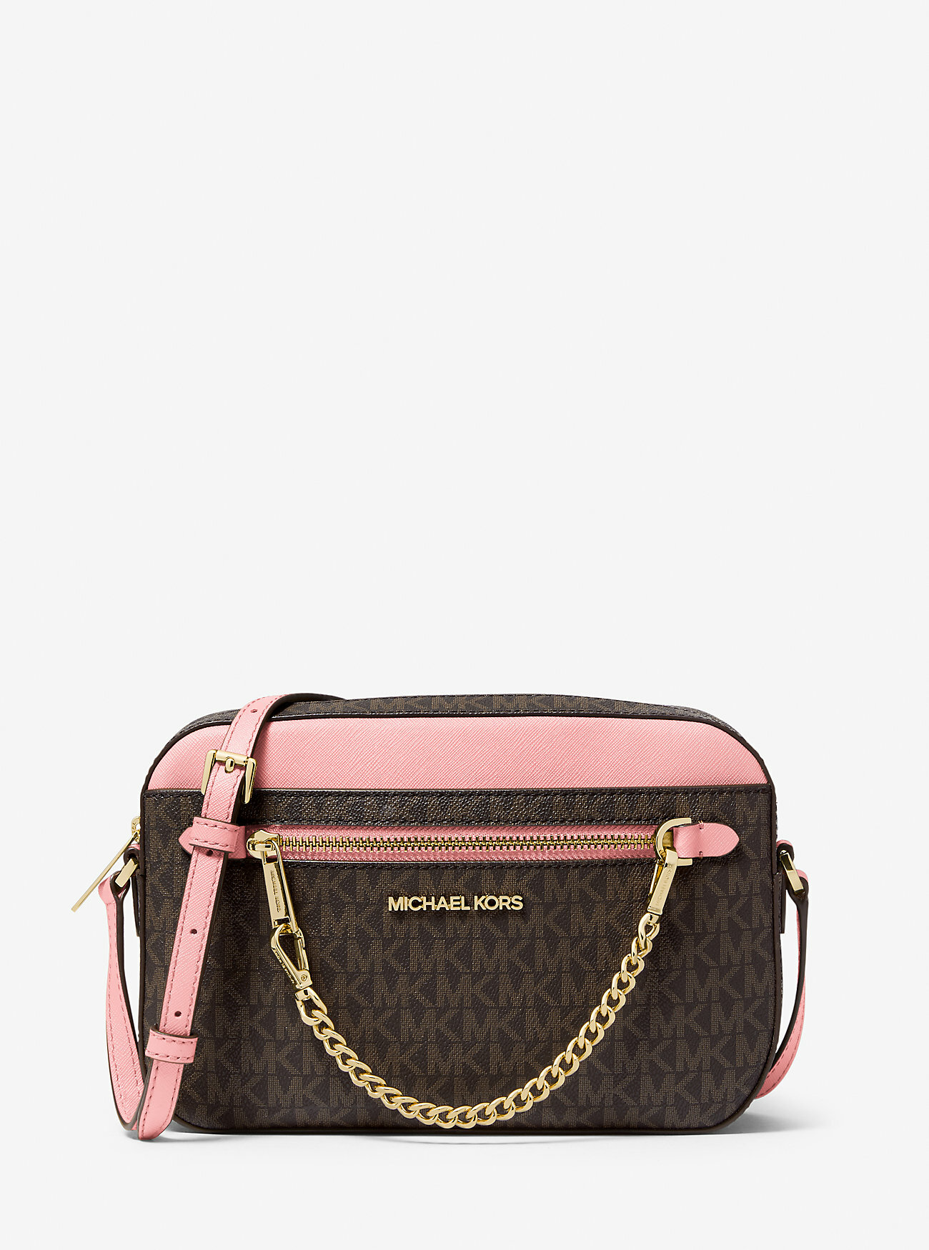 фото Сумка кросс-боди Michael Kors коричневая в монограмму с розовыми деталями и золотистой фурнитурой