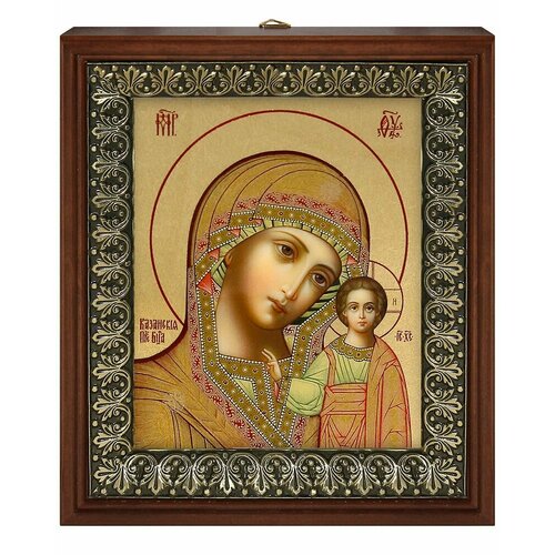 Икона Пресвятая Богородица Казанская 7 на золотом фоне в рамке со стеклом (размер изображения: 13х16 см; размер рамки: 18х20,7 см).