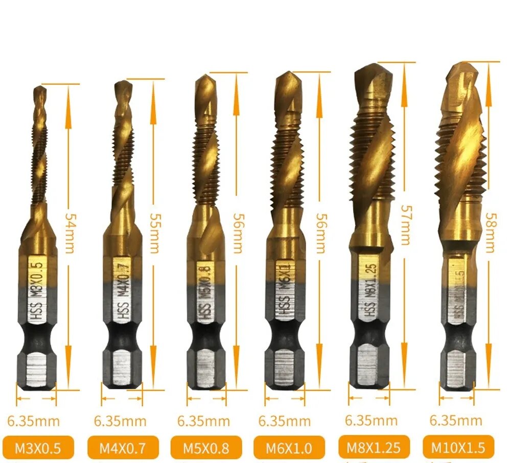 Сверло-метчик с титановым покрытием набор из 6 штук/ Набор метчиков в боксе / Сверло-метчик с титановым покрытием
