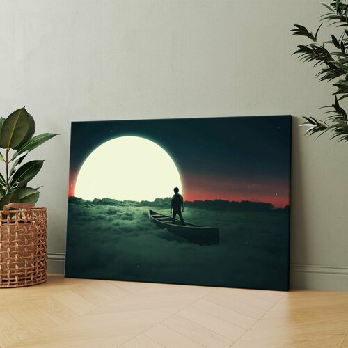 Картина на холсте (Мужчина стоит на лодке посреди облачного неба) 40x60 см. Интерьерная, на стену.
