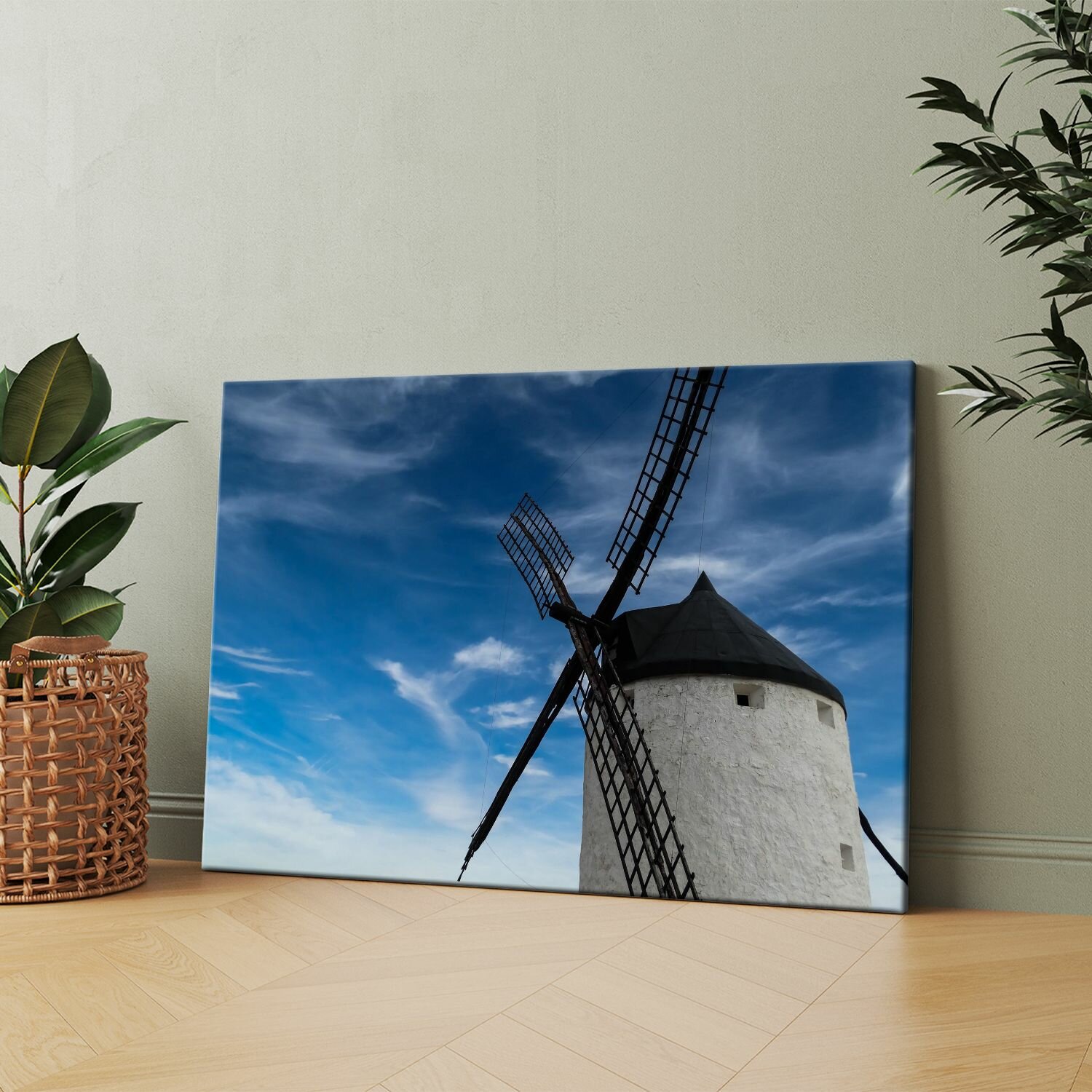 Картина на холсте (Ветряная мельница на фоне голубого неба) 40x60 см. Интерьерная, на стену.