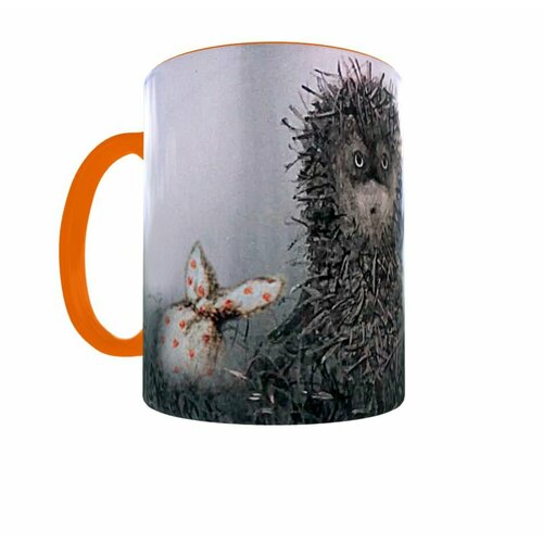 Уникальная кружка премиум класса /Ежик в тумане/Узелок в оранжевый горошек, светлячок на травинке/Авторский бокал ручной работы, Эксклюзив, Новинка/ Оранжевая - уникальная, 330 мл, 1 шт