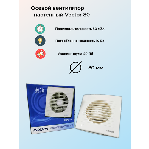 Вентилятор вытяжной Vector 80 С вытяжной Vector 80 С до 6 кв м воздухообмен 80 м3ч белый 1750₽