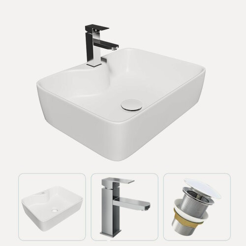 Изображение товара Раковина накладная для ванной Teymi Helmi S 48 в комплекте смеситель хром и донный клапан клик-клак без перелива белый F01636