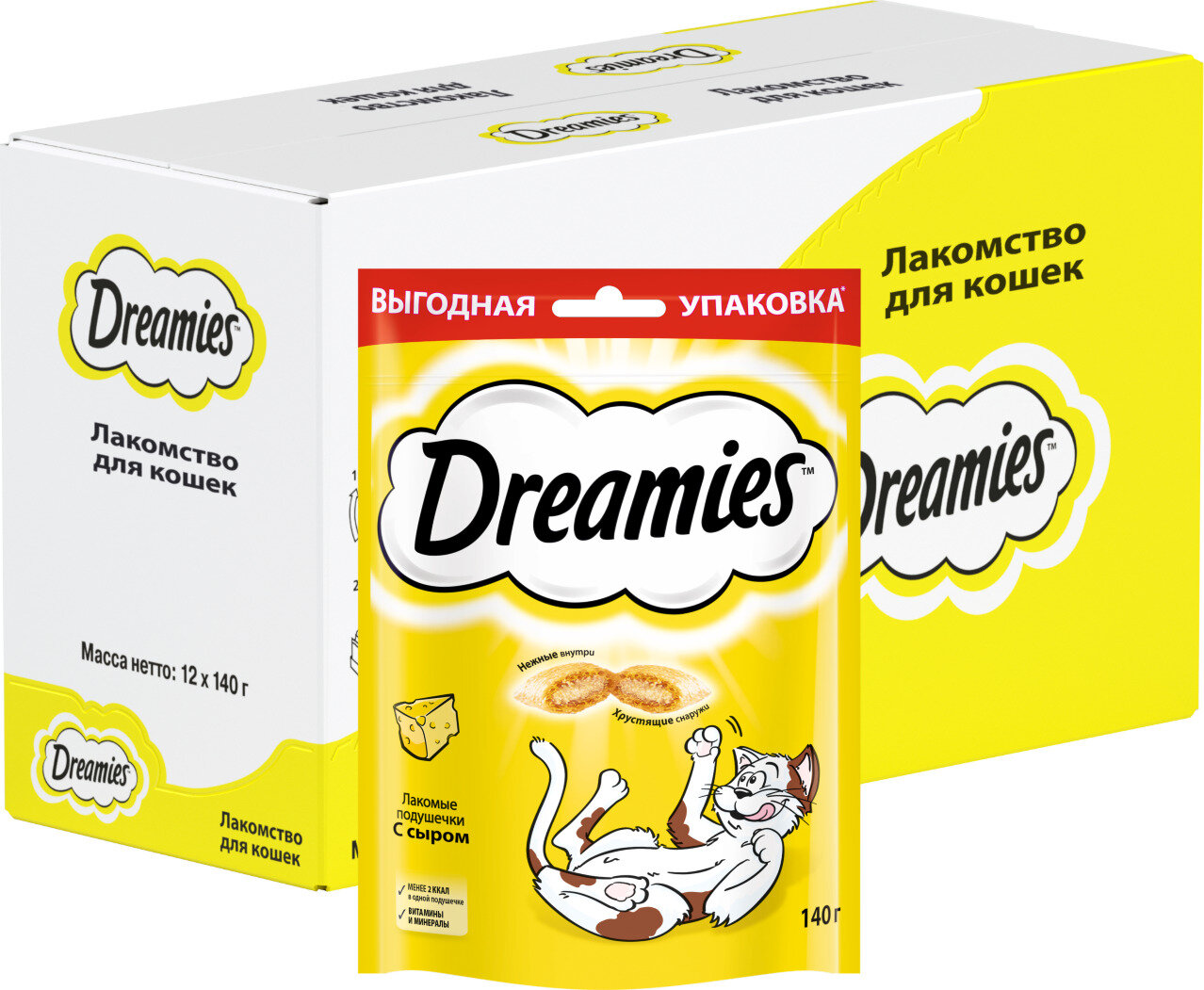 Лакомство для кошек Dreamies, подушечки с сыром, 140 г x 12 шт