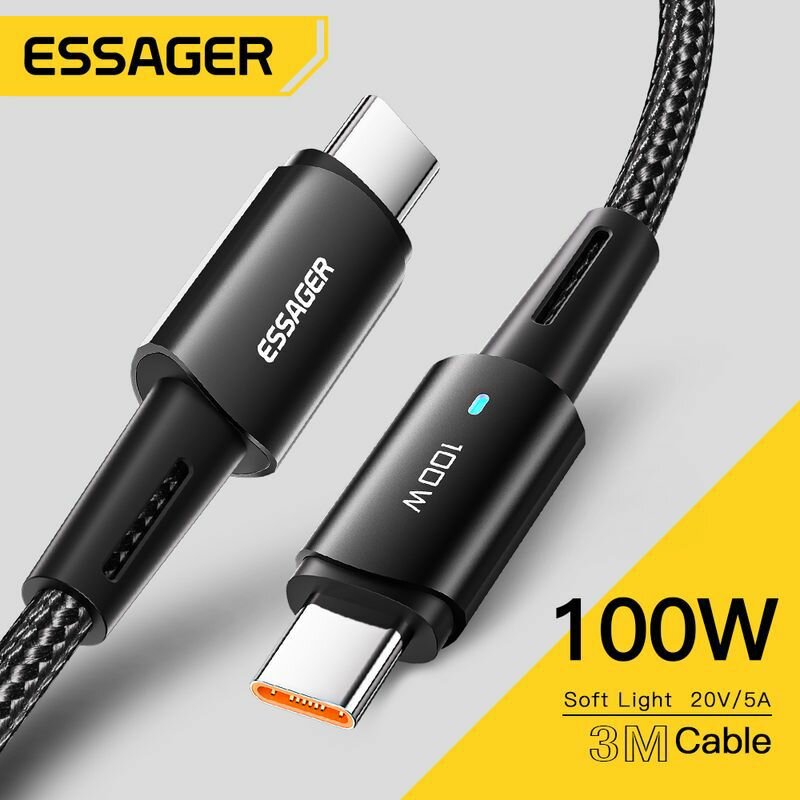 Кабель Essager Type-c-Type-c для быстрой зарядки и передачи данных, max 100W, 5 A, 480 Mbps, 3 метра, Quick Charge 3.0/4.0 (Черный)