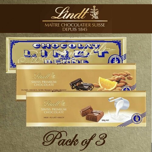 Шоколад Lindt Gold SWISS PREMIUM набор 3х300гр : тёмный, тёмный с апельсином, молочный