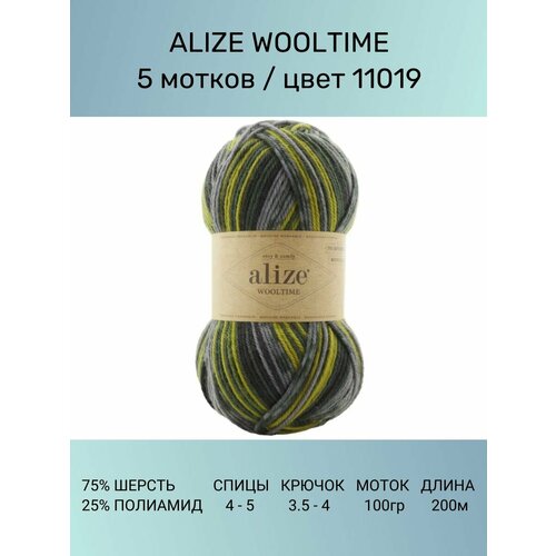 Пряжа Alize Wooltime Вултайм: 11019, 5 шт 200 м 100 г, 75% шерсть, 25% полиамид