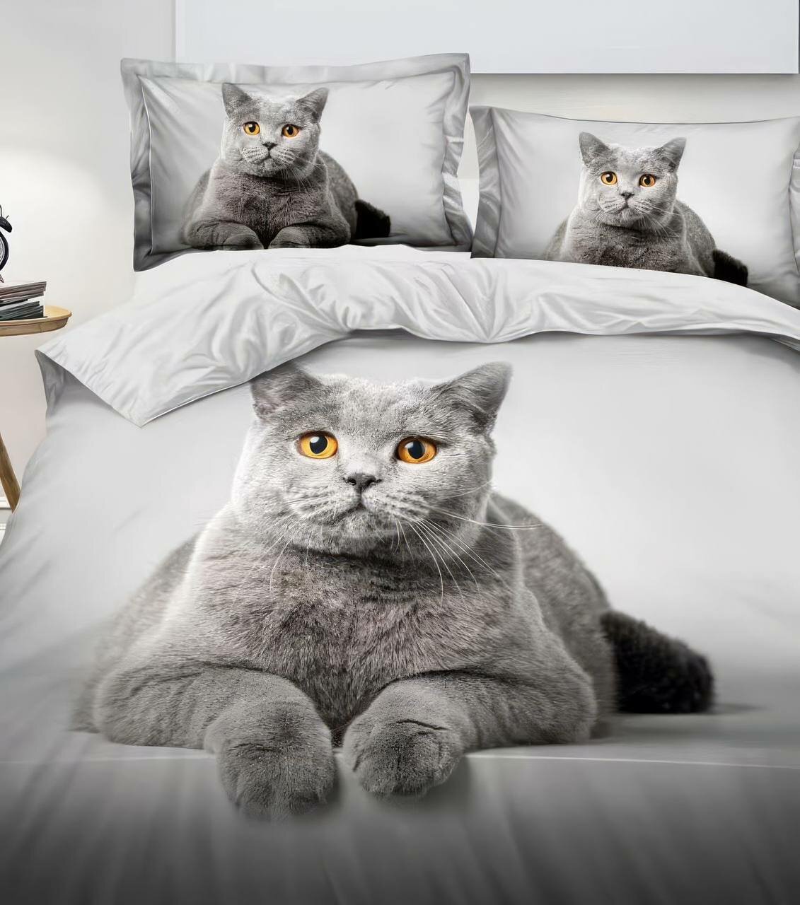 Комплект постельного белья 2 спальный серый Поплин, Кошка