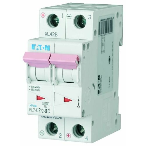 Автоматический выключатель для защиты цепей пост. тока 2А, кривая отключения C, 2 полюса, откл. способность 10 кА, PL7-C2/2-DC EATON 264896