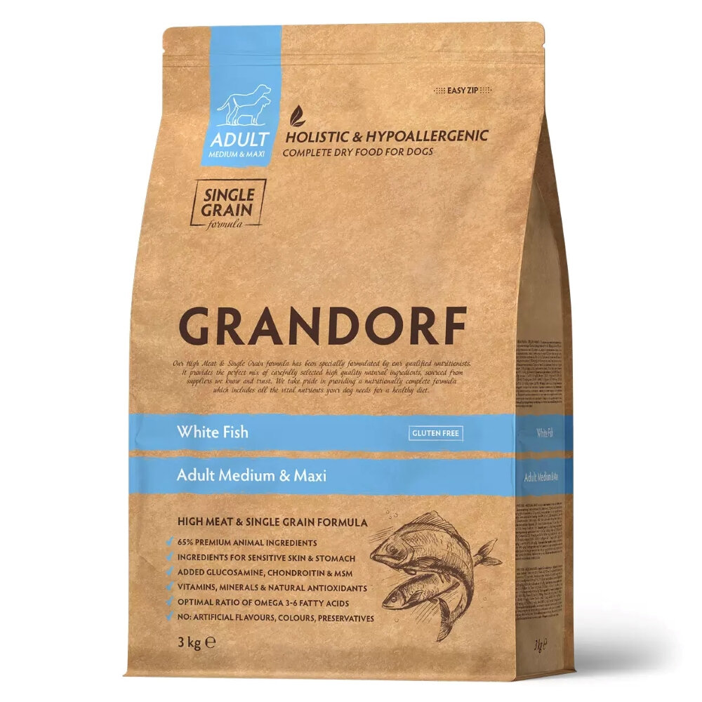 Сухой корм Grandorf (Грандорф) для собак средних и крупных пород, белая рыба, 3кг