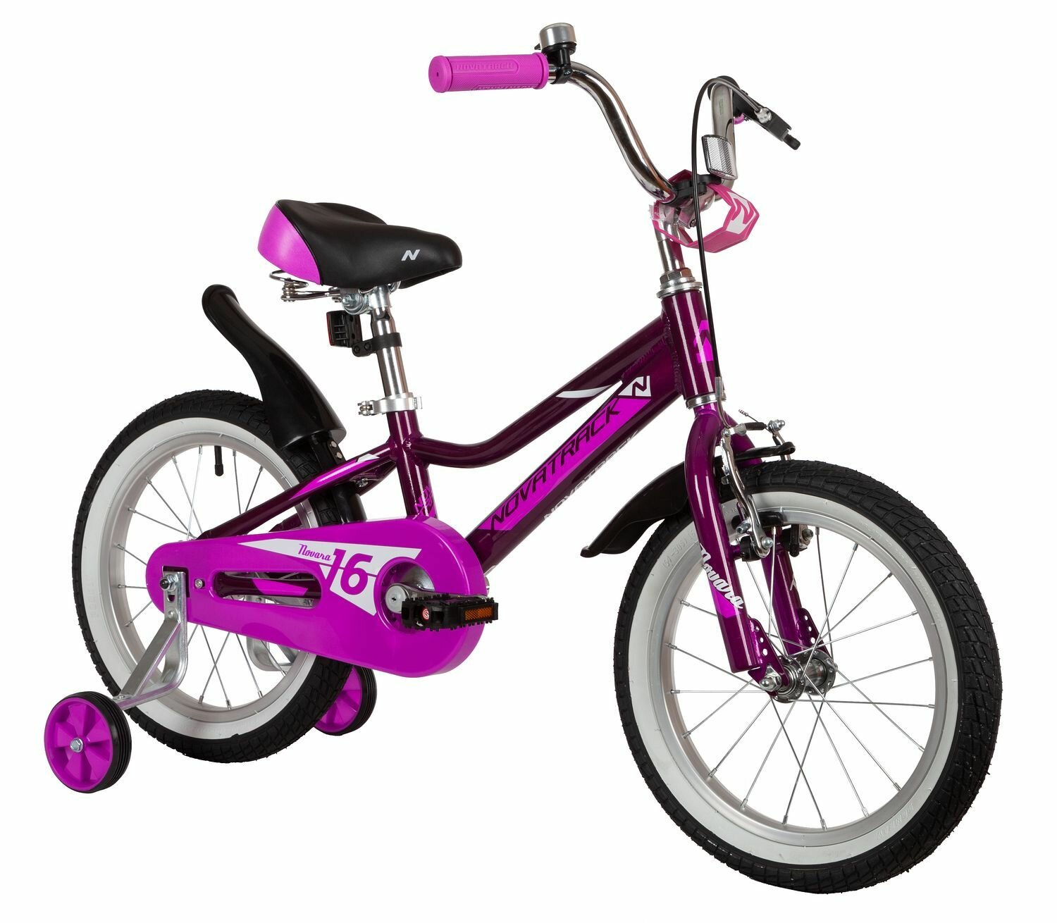 Велосипед детский NOVATRACK 16" NOVARA алюм, фиолетовый, пер. руч, зад. нож. тормоз, короткие крылья, полная защита цепи