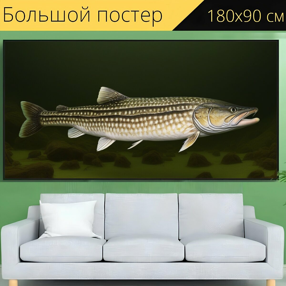 Большой постер любителям природы "Рыбы, щука, на дне" 180 x 90 см. для интерьера на стену