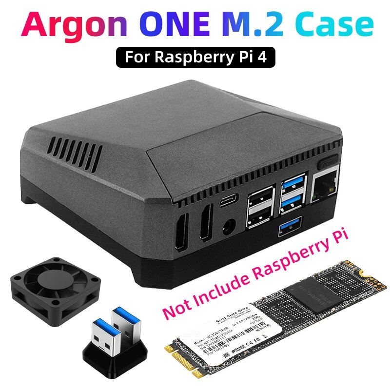 Чехол для Raspberry Pi 4 Model B M.2 SATA SSD/USB 3,0, с поддержкой платы UASP и встроенным вентилятором, алюминиевый чехол для RPI 4 — фото 1