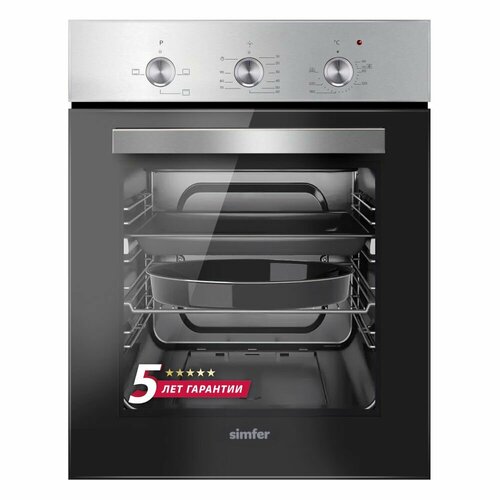 Электрический встраиваемый духовой шкаф Simfer ширина 45см 3 режима работы 49 литров подсветка противень хромированная решетка 5 лет гарантии Нержавеющая сталь 3614700₽